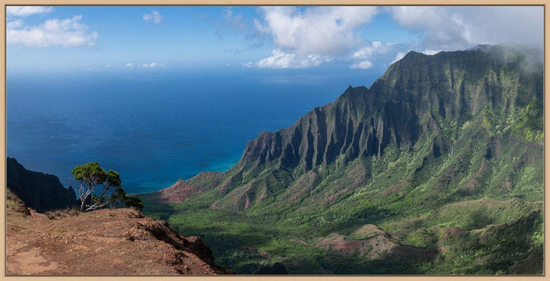Edge of Awe | Kalalau Valley Cliffside - Living Moments Media - 3500-5500, 800-3500, Acrylic, Artwork, Best Moments, Best Sellers, black, blue, Canvas, clouds, Coast, forest, green, Hawaii, horizontal, Island, Jungle, Kauai, Metal, Moody, Mountains, Na Pali Coast, new arrivals, New Moments, ocean, open-edition, orange, over-5500, panoramic, pathway, Prints, rocks, sand, size-20-x-40, size-40-x-80, Surf, trail, Trees, Visual Artwork, Water, Waterfalls, waves, White