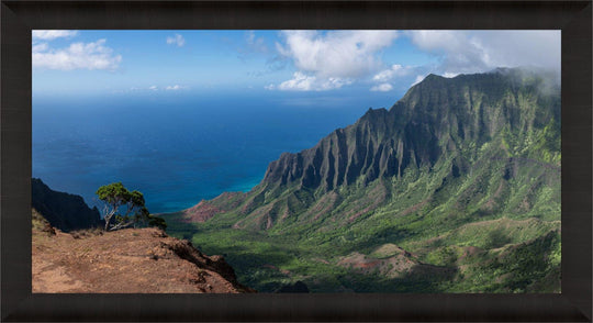 Edge of Awe | Kalalau Valley Cliffside - Living Moments Media - 3500-5500, 800-3500, Acrylic, Artwork, Best Moments, Best Sellers, black, blue, Canvas, clouds, Coast, forest, green, Hawaii, horizontal, Island, Jungle, Kauai, Metal, Moody, Mountains, Na Pali Coast, new arrivals, New Moments, ocean, open-edition, orange, over-5500, panoramic, pathway, Prints, rocks, sand, size-20-x-40, size-40-x-80, Surf, trail, Trees, Visual Artwork, Water, Waterfalls, waves, White