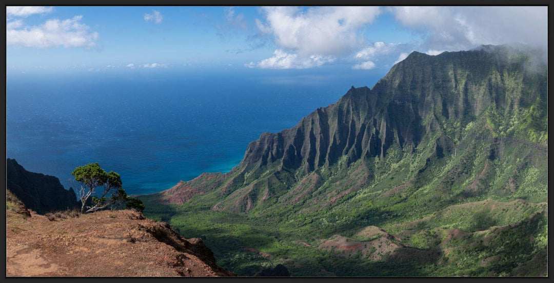 Edge of Awe | Kalalau Valley Cliffside - Living Moments Media - 3500-5500, 800-3500, Acrylic, Artwork, Best Moments, Best Sellers, black, blue, Canvas, clouds, Coast, forest, green, Hawaii, horizontal, Island, Jungle, Kauai, Metal, Moody, Mountains, Na Pali Coast, new arrivals, New Moments, ocean, open-edition, orange, over-5500, panoramic, pathway, Prints, rocks, sand, size-20-x-40, size-40-x-80, Surf, trail, Trees, Visual Artwork, Water, Waterfalls, waves, White