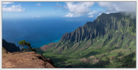 Edge of Awe | Kalalau Valley Cliffside - Living Moments Media - 3500-5500, 800-3500, Acrylic, Artwork, Best Moments, Best Sellers, black, blue, Canvas, clouds, Coast, forest, green, Hawaii, horizontal, Island, Jungle, Kauai, Metal, Moody, Mountains, Na Pali Coast, new arrivals, New Moments, ocean, open-edition, orange, over-5500, panoramic, pathway, Prints, rocks, sand, size-20-x-40, size-40-x-80, Surf, trail, Trees, Visual Artwork, Water, Waterfalls, waves, White