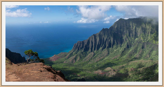 Edge of Awe | Kalalau Valley Cliffside - Living Moments Media - 3500-5500, 800-3500, Acrylic, Artwork, Best Moments, Best Sellers, black, blue, Canvas, clouds, Coast, forest, green, Hawaii, horizontal, Island, Jungle, Kauai, Metal, Moody, Mountains, Na Pali Coast, new arrivals, New Moments, ocean, open-edition, orange, over-5500, panoramic, pathway, Prints, rocks, sand, size-20-x-40, size-40-x-80, Surf, trail, Trees, Visual Artwork, Water, Waterfalls, waves, White