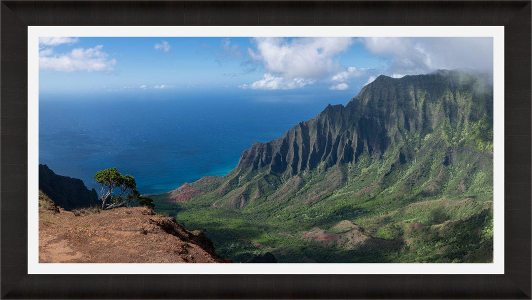 Edge of Awe | Kalalau Valley Cliffside - Living Moments Media - 3500-5500, 800-3500, Acrylic, Artwork, Best Moments, Best Sellers, black, blue, Canvas, clouds, Coast, forest, green, Hawaii, horizontal, Island, Jungle, Kauai, Metal, Moody, Mountains, Na Pali Coast, new arrivals, New Moments, ocean, open-edition, orange, over-5500, panoramic, pathway, Prints, rocks, sand, size-20-x-40, size-40-x-80, Surf, trail, Trees, Visual Artwork, Water, Waterfalls, waves, White