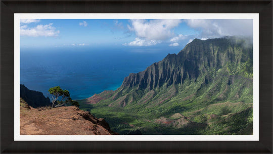 Edge of Awe | Kalalau Valley Cliffside - Living Moments Media - 3500-5500, 800-3500, Acrylic, Artwork, Best Moments, Best Sellers, black, blue, Canvas, clouds, Coast, forest, green, Hawaii, horizontal, Island, Jungle, Kauai, Metal, Moody, Mountains, Na Pali Coast, new arrivals, New Moments, ocean, open-edition, orange, over-5500, panoramic, pathway, Prints, rocks, sand, size-20-x-40, size-40-x-80, Surf, trail, Trees, Visual Artwork, Water, Waterfalls, waves, White