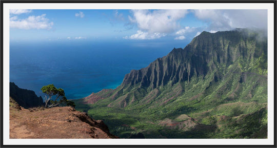 Edge of Awe | Kalalau Valley Cliffside - Living Moments Media - 3500-5500, 800-3500, Acrylic, Artwork, Best Moments, Best Sellers, black, blue, Canvas, clouds, Coast, forest, green, Hawaii, horizontal, Island, Jungle, Kauai, Metal, Moody, Mountains, Na Pali Coast, new arrivals, New Moments, ocean, open-edition, orange, over-5500, panoramic, pathway, Prints, rocks, sand, size-20-x-40, size-40-x-80, Surf, trail, Trees, Visual Artwork, Water, Waterfalls, waves, White
