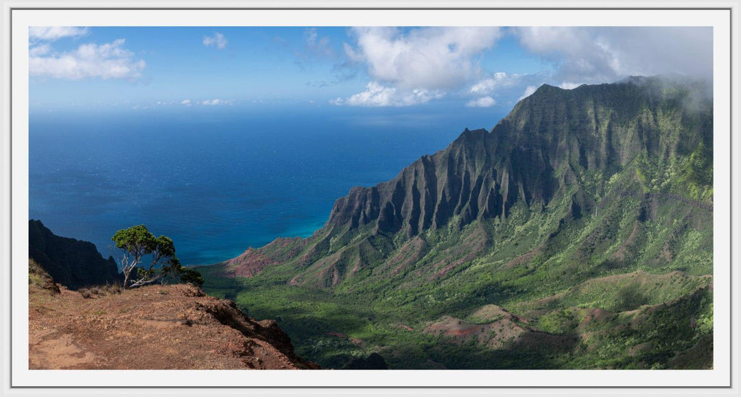 Edge of Awe | Kalalau Valley Cliffside - Living Moments Media - 3500-5500, 800-3500, Acrylic, Artwork, Best Moments, Best Sellers, black, blue, Canvas, clouds, Coast, forest, green, Hawaii, horizontal, Island, Jungle, Kauai, Metal, Moody, Mountains, Na Pali Coast, new arrivals, New Moments, ocean, open-edition, orange, over-5500, panoramic, pathway, Prints, rocks, sand, size-20-x-40, size-40-x-80, Surf, trail, Trees, Visual Artwork, Water, Waterfalls, waves, White