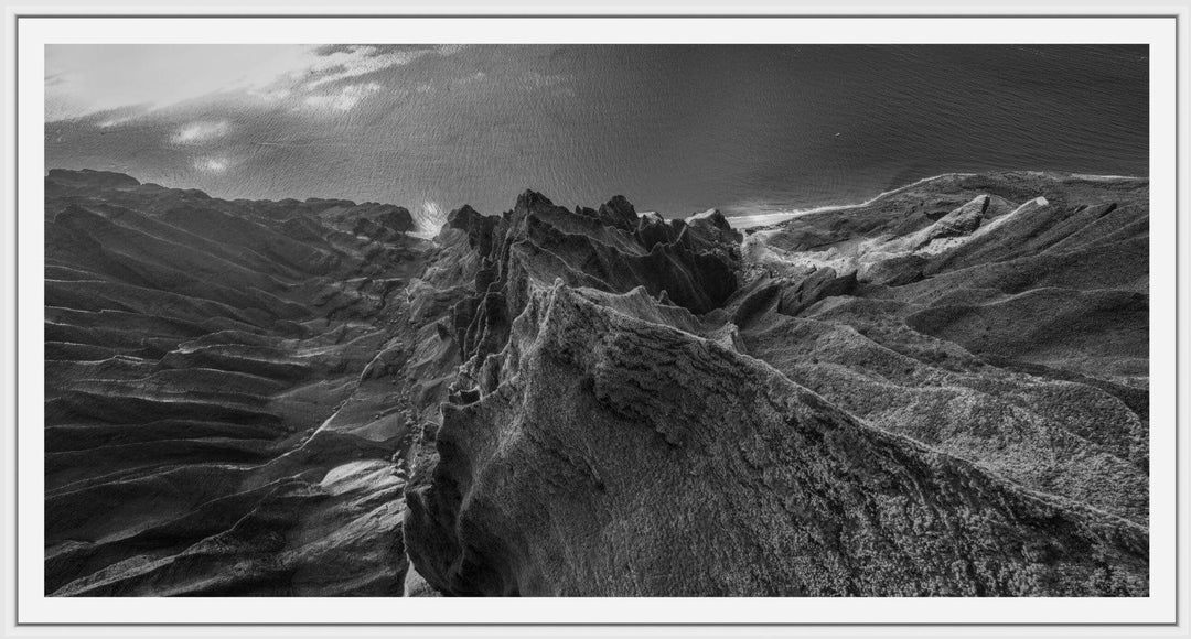 Marvel in Monochrome | Bird's Eye View Over Na Pali & Kalalau - Living Moments Media - 3500-5500, 800-3500, Abstract, Acrylic, aerial, Artwork, beach, black, Black & White, Canvas, Coast, Cove, Hawaii, Helicopter, Honopu Beach, horizontal, Island, Kauai, Metal, Monochromatic, Moody, Mountains, Na Pali Coast, new arrivals, New Moments, ocean, open-edition, over-5500, panoramic, Prints, rocks, sand, size-20-x-40, size-40-x-80, Surf, trail, Trees, Visual Artwork, waves, White