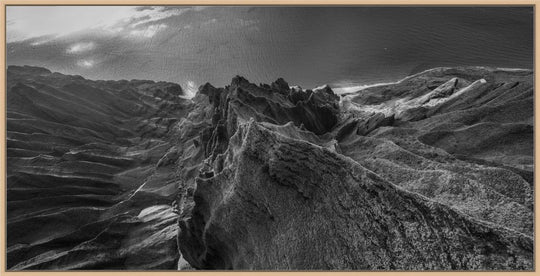 Marvel in Monochrome | Bird's Eye View Over Na Pali & Kalalau - Living Moments Media - 3500-5500, 800-3500, Abstract, Acrylic, aerial, Artwork, beach, black, Black & White, Canvas, Coast, Cove, Hawaii, Helicopter, Honopu Beach, horizontal, Island, Kauai, Metal, Monochromatic, Moody, Mountains, Na Pali Coast, new arrivals, New Moments, ocean, open-edition, over-5500, panoramic, Prints, rocks, sand, size-20-x-40, size-40-x-80, Surf, trail, Trees, Visual Artwork, waves, White