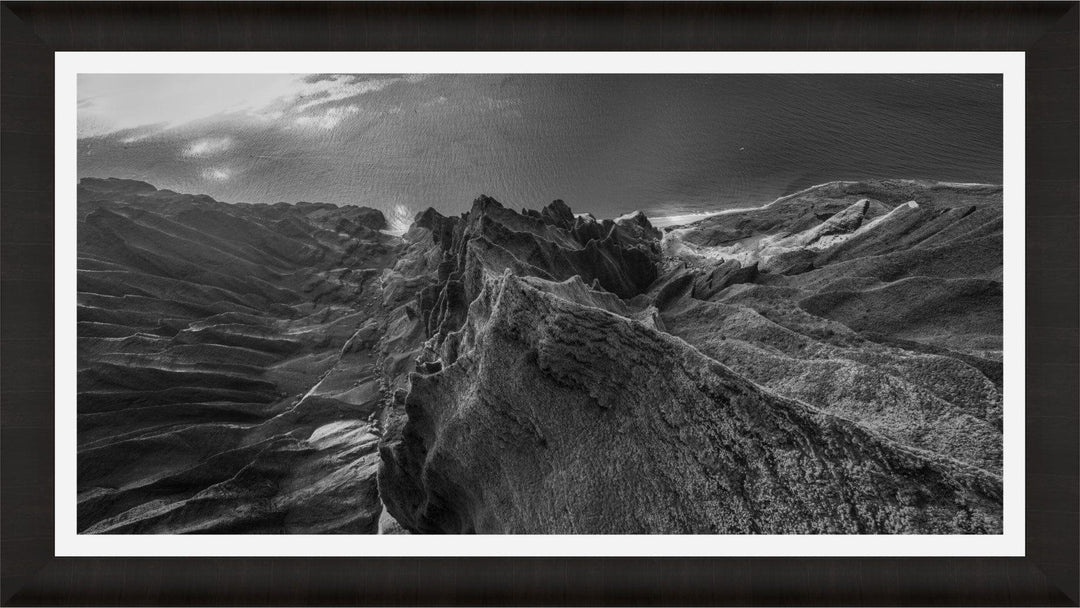 Marvel in Monochrome | Bird's Eye View Over Na Pali & Kalalau - Living Moments Media - 3500-5500, 800-3500, Abstract, Acrylic, aerial, Artwork, beach, black, Black & White, Canvas, Coast, Cove, Hawaii, Helicopter, Honopu Beach, horizontal, Island, Kauai, Metal, Monochromatic, Moody, Mountains, Na Pali Coast, new arrivals, New Moments, ocean, open-edition, over-5500, panoramic, Prints, rocks, sand, size-20-x-40, size-40-x-80, Surf, trail, Trees, Visual Artwork, waves, White
