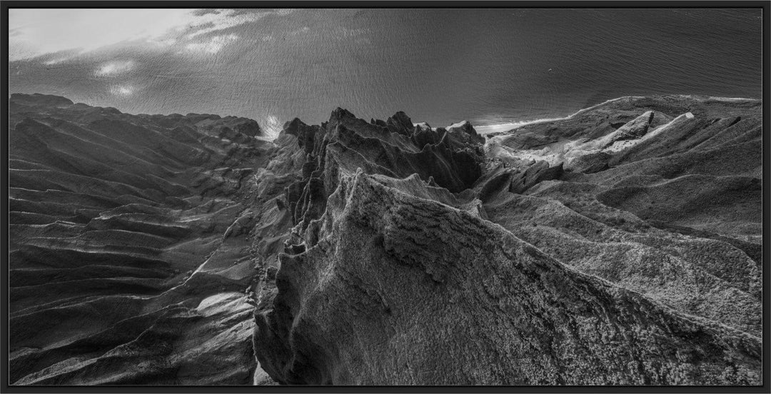 Marvel in Monochrome | Bird's Eye View Over Na Pali & Kalalau - Living Moments Media - 3500-5500, 800-3500, Abstract, Acrylic, aerial, Artwork, beach, black, Black & White, Canvas, Coast, Cove, Hawaii, Helicopter, Honopu Beach, horizontal, Island, Kauai, Metal, Monochromatic, Moody, Mountains, Na Pali Coast, new arrivals, New Moments, ocean, open-edition, over-5500, panoramic, Prints, rocks, sand, size-20-x-40, size-40-x-80, Surf, trail, Trees, Visual Artwork, waves, White