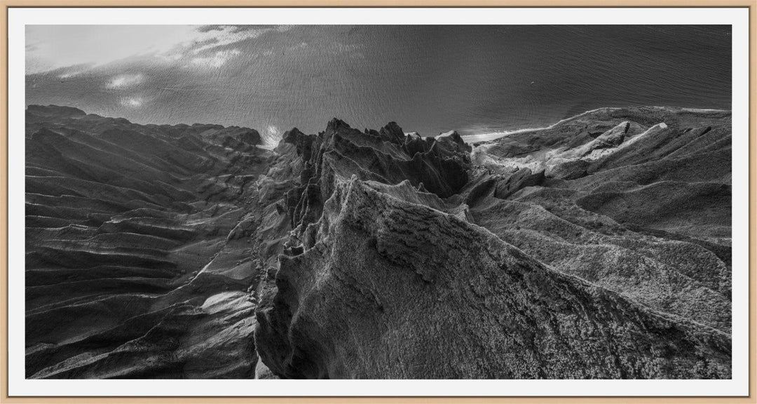 Marvel in Monochrome | Bird's Eye View Over Na Pali & Kalalau - Living Moments Media - 3500-5500, 800-3500, Abstract, Acrylic, aerial, Artwork, beach, black, Black & White, Canvas, Coast, Cove, Hawaii, Helicopter, Honopu Beach, horizontal, Island, Kauai, Metal, Monochromatic, Moody, Mountains, Na Pali Coast, new arrivals, New Moments, ocean, open-edition, over-5500, panoramic, Prints, rocks, sand, size-20-x-40, size-40-x-80, Surf, trail, Trees, Visual Artwork, waves, White