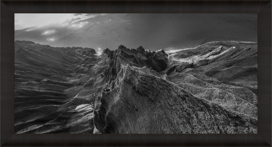 Marvel in Monochrome | Bird's Eye View Over Na Pali & Kalalau - Living Moments Media - 3500-5500, 800-3500, Abstract, Acrylic, aerial, Artwork, beach, black, Black & White, Canvas, Coast, Cove, Hawaii, Helicopter, Honopu Beach, horizontal, Island, Kauai, Metal, Monochromatic, Moody, Mountains, Na Pali Coast, new arrivals, New Moments, ocean, open-edition, over-5500, panoramic, Prints, rocks, sand, size-20-x-40, size-40-x-80, Surf, trail, Trees, Visual Artwork, waves, White