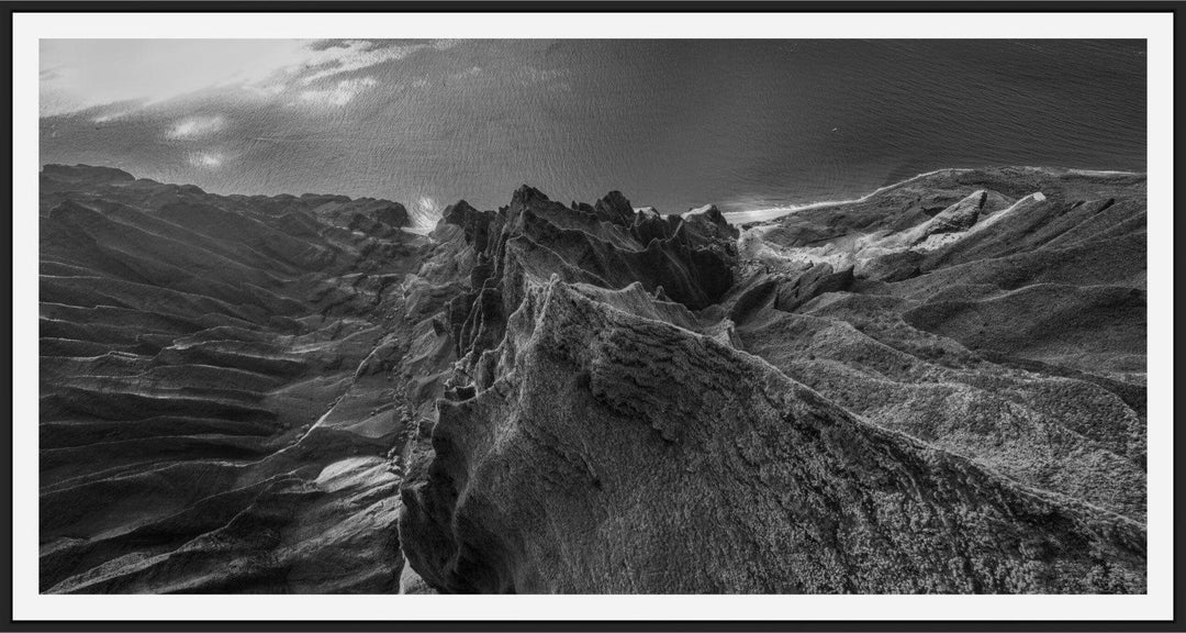 Marvel in Monochrome | Bird's Eye View Over Na Pali & Kalalau - Living Moments Media - 3500-5500, 800-3500, Abstract, Acrylic, aerial, Artwork, beach, black, Black & White, Canvas, Coast, Cove, Hawaii, Helicopter, Honopu Beach, horizontal, Island, Kauai, Metal, Monochromatic, Moody, Mountains, Na Pali Coast, new arrivals, New Moments, ocean, open-edition, over-5500, panoramic, Prints, rocks, sand, size-20-x-40, size-40-x-80, Surf, trail, Trees, Visual Artwork, waves, White