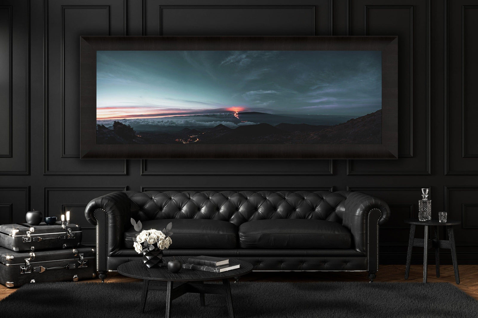 Apocalyptic Awakening | Mauna Loa's Fury - Maui Fine Art Collective - 3500-5500, 800-3500, Acrylic, Artwork, Best Wall Artwork, Big Island, black, clouds, Hawaii, Hawaii Island, Island, Lance Ehrecke, Maui Hawaii Fine Art Photography, Maui Hawaii Wall Art, Mauna Loa, Mountains, New Moments, open-edition, orange, over-5500, panoramic, Purple, rocks, size-20-x-60, size-30-x-90, Stars, Sunrise, trail, White