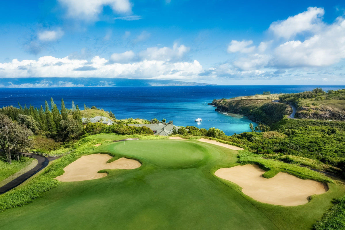 Coastal Charisma by Lance Ehrecke, elevated photograph from Hole 11 of Kapalua's Plantation Course toward Honolua Bay and Molokaʻi.