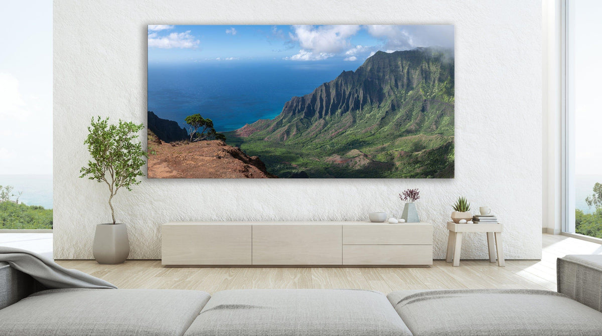 Edge of Awe | Kalalau Valley Cliffside - Living Moments Media - 3500-5500, 800-3500, Acrylic, Artwork, Best Moments, Best Sellers, black, blue, Canvas, clouds, Coast, forest, green, Hawaii, horizontal, Island, Jungle, Kauai, Aluminum, Moody, Mountains, Na Pali Coast, new arrivals, New Moments, ocean, open-edition, orange, over-5500, panoramic, pathway, Prints, rocks, sand, size-20-x-40, size-40-x-80, Surf, trail, Trees, Visual Artwork, Water, Waterfalls, waves, White