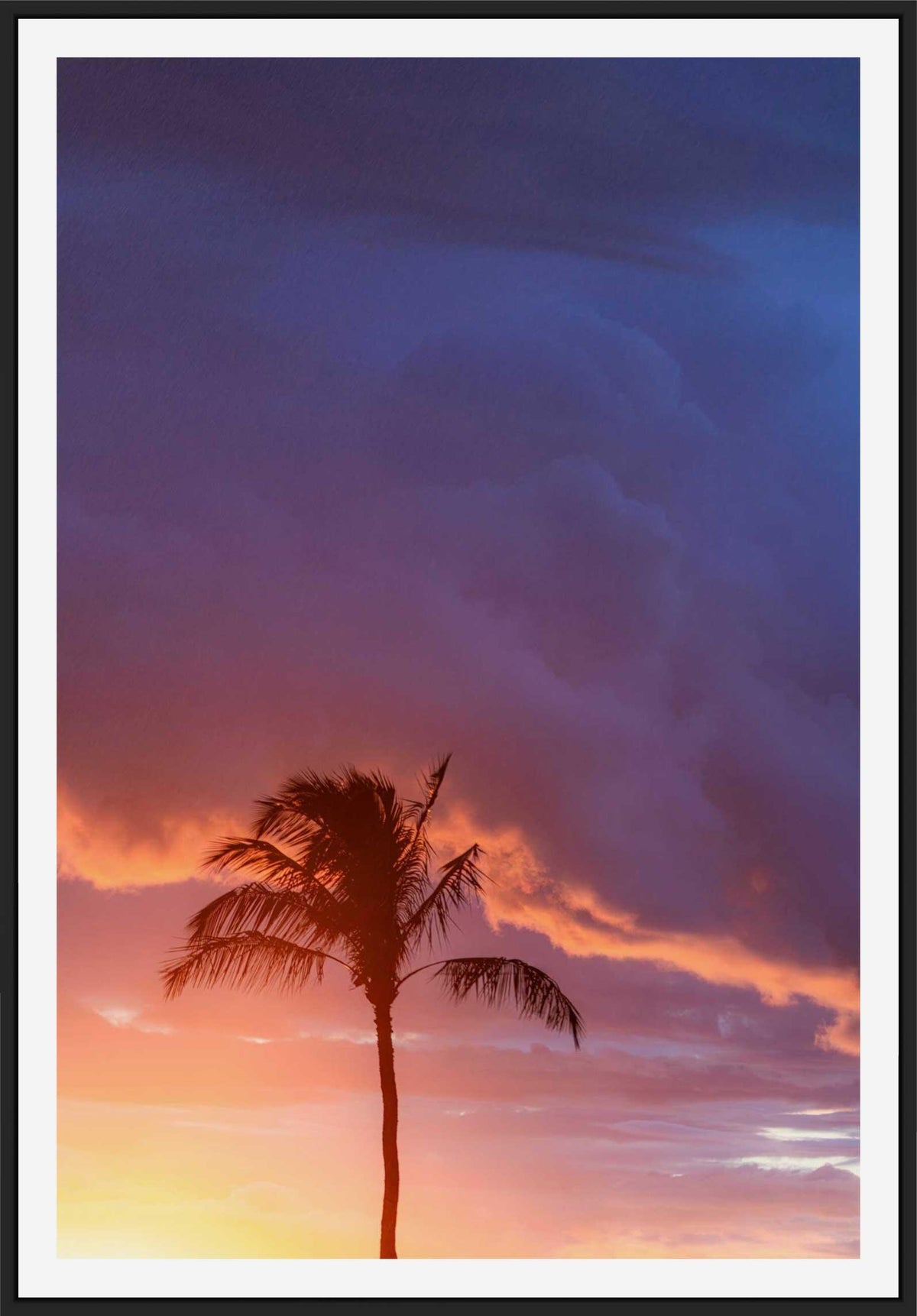 Ephemeral Majesty | Sunset Symphony in Paradise - Maui Fine Art Collective - Acrylic, Artwork, Best Moments, Best Sellers, Best Wall Artwork, black, blue, Canvas, clouds, Hawaii, Island, kihei, Lance Ehrecke, makena, maui, Maui Hawaii Fine Art Photography, Maui Hawaii Wall Art, Aluminum, New Moments, open-edition, orange, Palm Trees, palm-tree, Prints, Purple, size-16-x-24, size-24-x-36, size-40-x-60, Sunset, Trees, vertical, Visual Artwork, wailea, White, yellow