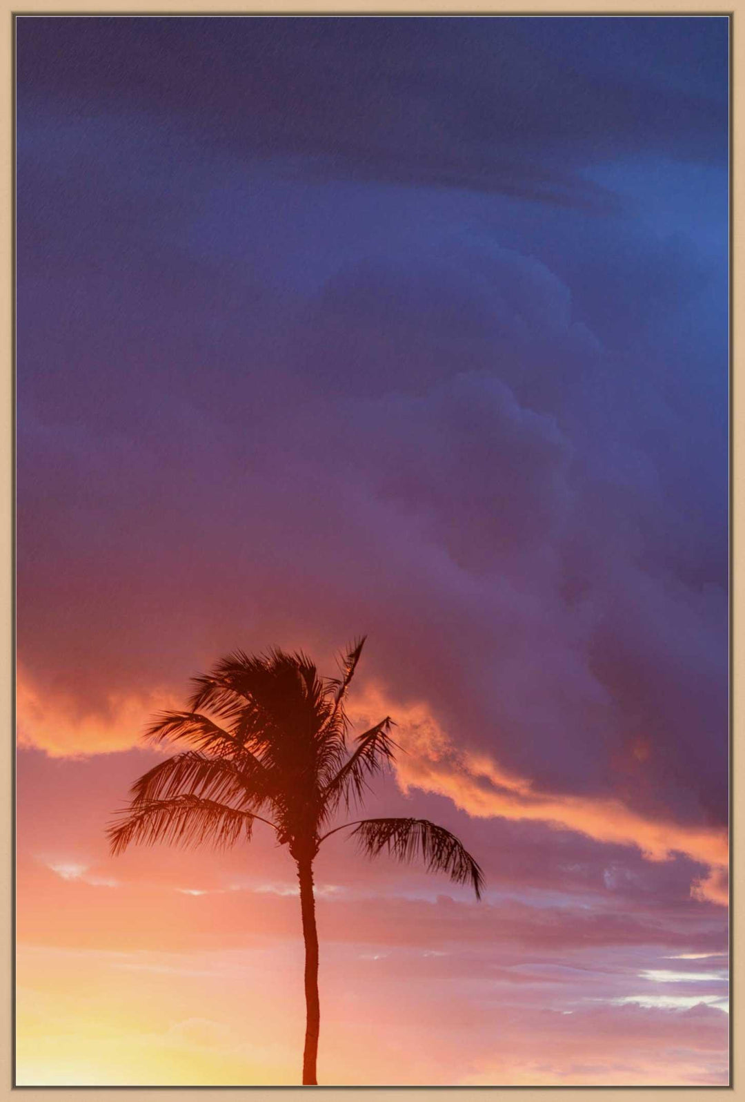 Ephemeral Majesty | Sunset Symphony in Paradise - Maui Fine Art Collective - Acrylic, Artwork, Best Moments, Best Sellers, Best Wall Artwork, black, blue, Canvas, clouds, Hawaii, Island, kihei, Lance Ehrecke, makena, maui, Maui Hawaii Fine Art Photography, Maui Hawaii Wall Art, Metal, New Moments, open-edition, orange, Palm Trees, palm-tree, Prints, Purple, size-16-x-24, size-24-x-36, size-40-x-60, Sunset, Trees, vertical, Visual Artwork, wailea, White, yellow