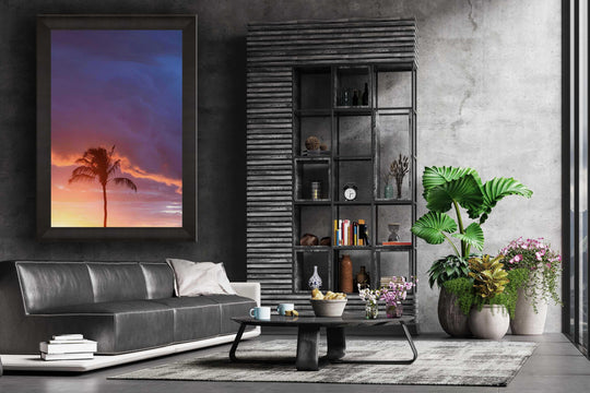 Ephemeral Majesty | Sunset Symphony in Paradise - Living Moments Media - Acrylic, Artwork, Best Moments, Best Sellers, Best Wall Artwork, black, blue, Canvas, clouds, Hawaii, Island, kihei, makena, maui, Maui Hawaii Fine Art Photography, Maui Hawaii Wall Art, Metal, New Moments, open-edition, orange, Palm Trees, palm-tree, Prints, Purple, size-16-x-24, size-24-x-36, size-40-x-60, Sunset, Trees, vertical, Visual Artwork, wailea, White, yellow