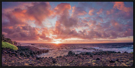 Hawaiian Sunrise Symphony - Maui Fine Art Collective - 3500-5500, 800-3500, Acrylic, Artwork, Best Wall Artwork, blue, Canvas, clouds, Coast, Cove, green, hana, Hawaii, horizontal, Island, Lance Ehrecke, maui, Maui Hawaii Fine Art Photography, Maui Hawaii Wall Art, Metal, new arrivals, New Moments, ocean, open-edition, orange, over-5500, panoramic, pastel, Prints, rocks, size-20-x-40, size-35-x-70, size-40-x-80, Sunrise, Surf, Visual Artwork, Water, waves, White, yellow