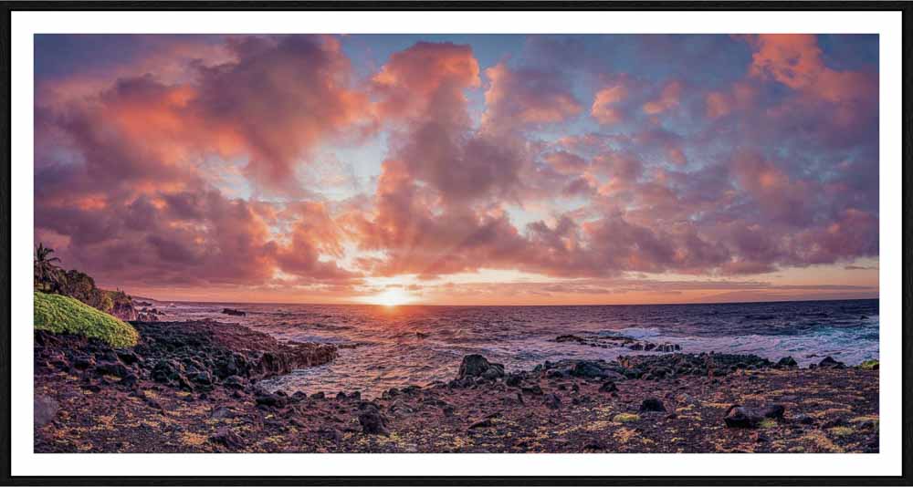 Hawaiian Sunrise Symphony - Maui Fine Art Collective - 3500-5500, 800-3500, Acrylic, Artwork, Best Wall Artwork, blue, Canvas, clouds, Coast, Cove, green, hana, Hawaii, horizontal, Island, Lance Ehrecke, maui, Maui Hawaii Fine Art Photography, Maui Hawaii Wall Art, Metal, new arrivals, New Moments, ocean, open-edition, orange, over-5500, panoramic, pastel, Prints, rocks, size-20-x-40, size-35-x-70, size-40-x-80, Sunrise, Surf, Visual Artwork, Water, waves, White, yellow