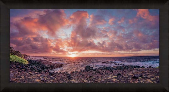 Hawaiian Sunrise Symphony - Maui Fine Art Collective - 3500-5500, 800-3500, Acrylic, Artwork, Best Wall Artwork, blue, Canvas, clouds, Coast, Cove, green, hana, Hawaii, horizontal, Island, Lance Ehrecke, maui, Maui Hawaii Fine Art Photography, Maui Hawaii Wall Art, Metal, new arrivals, New Moments, ocean, open-edition, orange, over-5500, panoramic, pastel, Prints, rocks, size-20-x-40, size-35-x-70, size-40-x-80, Sunrise, Surf, Visual Artwork, Water, waves, White, yellow