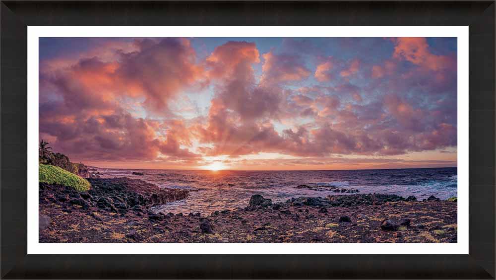 Hawaiian Sunrise Symphony - Maui Fine Art Collective - 3500-5500, 800-3500, Acrylic, Artwork, Best Wall Artwork, blue, Canvas, clouds, Coast, Cove, green, hana, Hawaii, horizontal, Island, Lance Ehrecke, maui, Maui Hawaii Fine Art Photography, Maui Hawaii Wall Art, Metal, new arrivals, New Moments, ocean, open-edition, orange, over-5500, panoramic, pastel, Prints, rocks, size-20-x-40, size-35-x-70, size-40-x-80, Sunrise, Surf, Visual Artwork, Water, waves, White, yellow