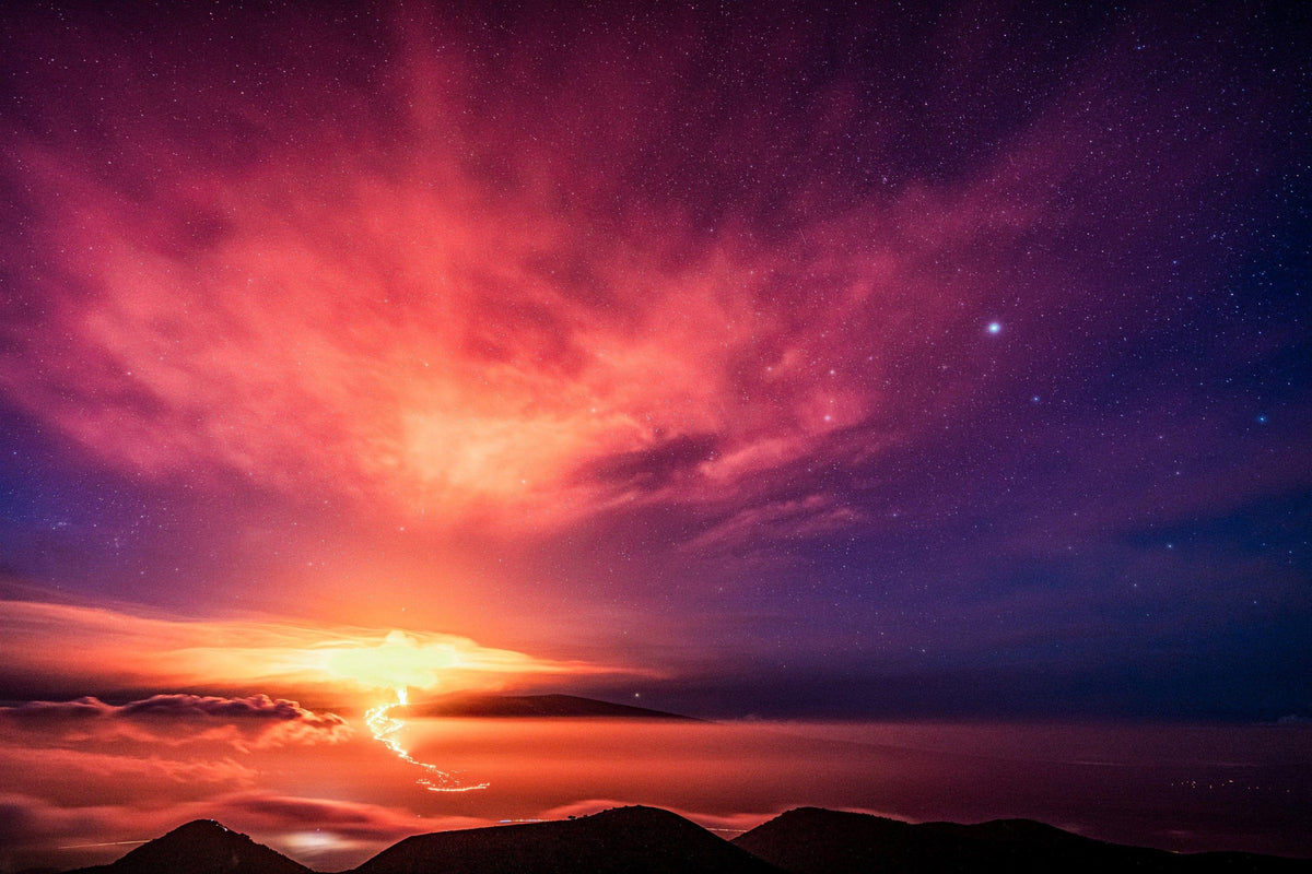 Heavenly Chaos | Mauna Loa's Eruption - Maui Fine Art Collective - 3500-5500, 800-3500, Acrylic, Artwork, Best Moments, Best Sellers, Best Wall Artwork, Big Island, black, Canvas, clouds, Hawaii, Hawaii Island, Island, Lance Ehrecke, maui, Maui Hawaii Fine Art Photography, Maui Hawaii Wall Art, Mauna Loa, Aluminum, Mountains, New Moments, open-edition, over-5500, Prints, Purple, rocks, size-16-x-24, size-24-x-36, size-40-x-60, Stars, Sunrise, Visual Artwork, Volcano