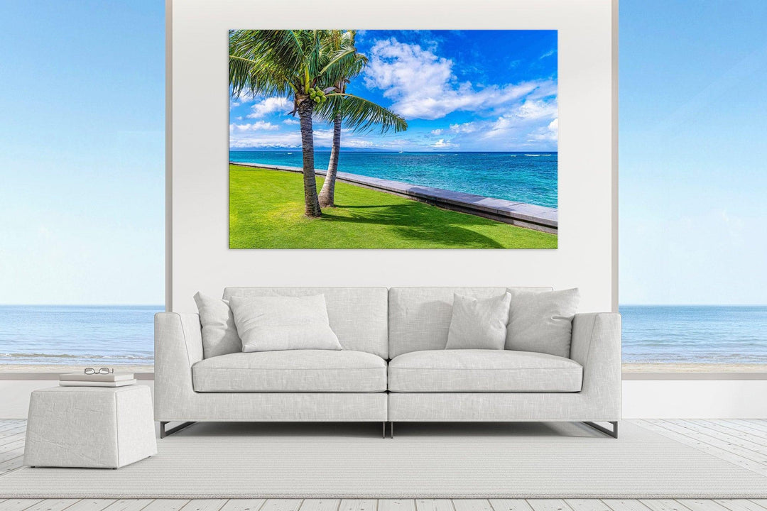 Kahana Palms - Maui Fine Art Collective - 3500-5500, 800-3500, beach, Best Wall Artwork, blue, clouds, green, Hawaii, horizontal, Island, Kahana, lahaina, Lance Ehrecke, maui, Maui Hawaii Fine Art Photography, Maui Hawaii Wall Art, ocean, open-edition, over-5500, Palm Trees, palm-tree, size-16x-24, size-24-x-36, size-40-x-60, teal, Water, waves