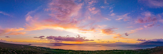 Kihei Fire - Maui Fine Art Collective - 3500-5500, 800-3500, aerial, Best Wall Artwork, black, blue, clouds, Hawaii, Island, kihei, Lance Ehrecke, maui, Maui Hawaii Fine Art Photography, Maui Hawaii Wall Art, open-edition, orange, over-5500, panoramic, Purple, size-20-x-60, size-30-x-90, Sunset, Water, yellow