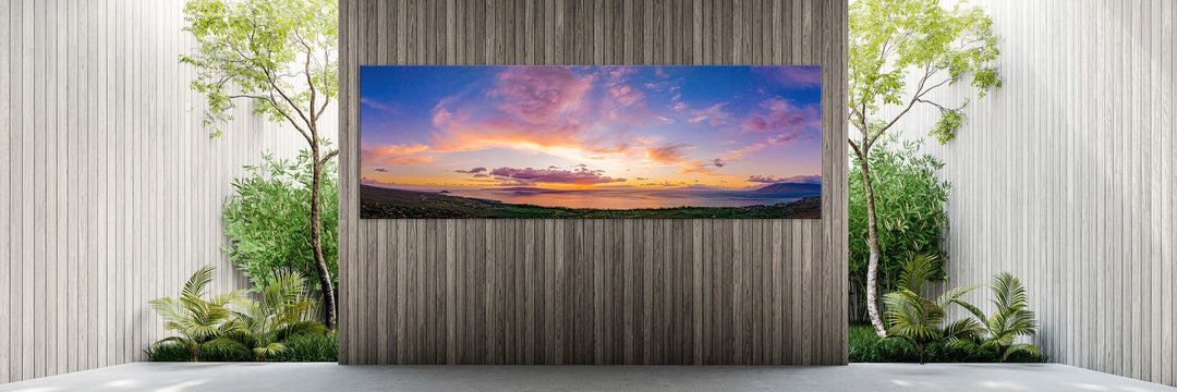 Kihei Fire - Maui Fine Art Collective - 3500-5500, 800-3500, aerial, Best Wall Artwork, black, blue, clouds, Hawaii, Island, kihei, Lance Ehrecke, maui, Maui Hawaii Fine Art Photography, Maui Hawaii Wall Art, open-edition, orange, over-5500, panoramic, Purple, size-20-x-60, size-30-x-90, Sunset, Water, yellow