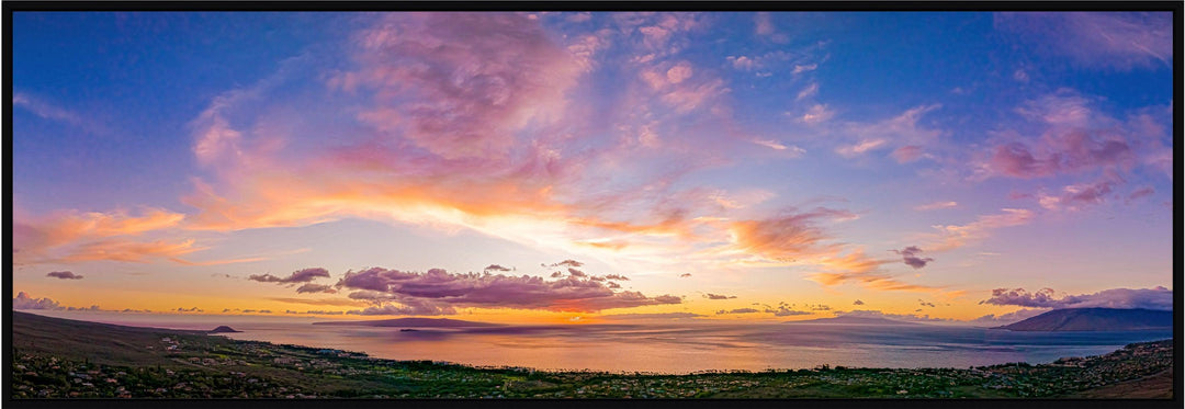 Kihei Fire - Maui Fine Art Collective - 3500-5500, 800-3500, aerial, Best Wall Artwork, black, blue, clouds, Hawaii, Island, kihei, Lance Ehrecke, maui, Maui Hawaii Fine Art Photography, Maui Hawaii Wall Art, open-edition, orange, over-5500, panoramic, Purple, size-20-x-60, size-30-x-90, Sunset, Water, yellow