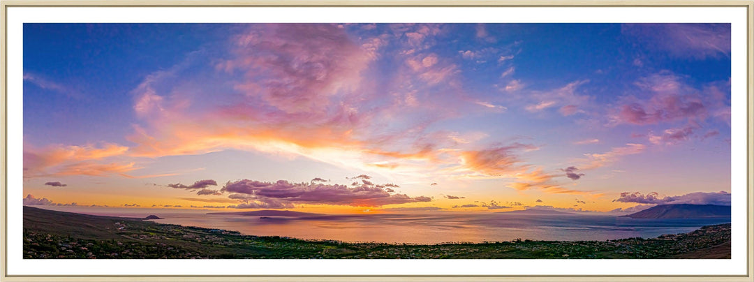 Kihei Fire - Maui Fine Art Collective - 3500-5500, 800-3500, aerial, Best Wall Artwork, black, blue, clouds, Hawaii, Island, kihei, Lance Ehrecke, maui, Maui Hawaii Fine Art Photography, Maui Hawaii Wall Art, open-edition, orange, over-5500, panoramic, Purple, size-20-x-60, size-30-x-90, Sunset, Water, yellow