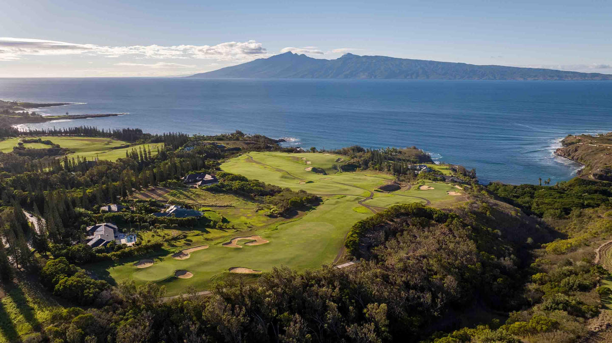 Paradise Captured by Lance Ehrecke, aerial photograph of holes 10 through 14 at Kapalua's Plantation Course.