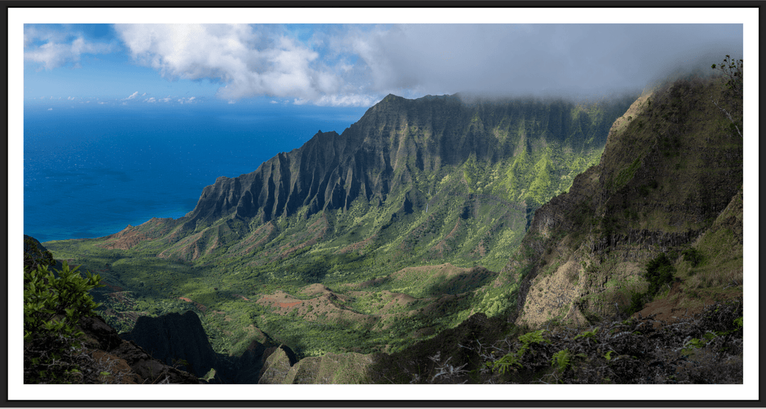 Maui Fine Art Collective Open Edition Acrylic / 40" x 60" / Black w/ Border Kalalau's Embrace "Kalalau's Embrace" - Stunning Photography Print of Kalalau Valley Overlook, Ideal for Adventurers and Luxury Art Buyers