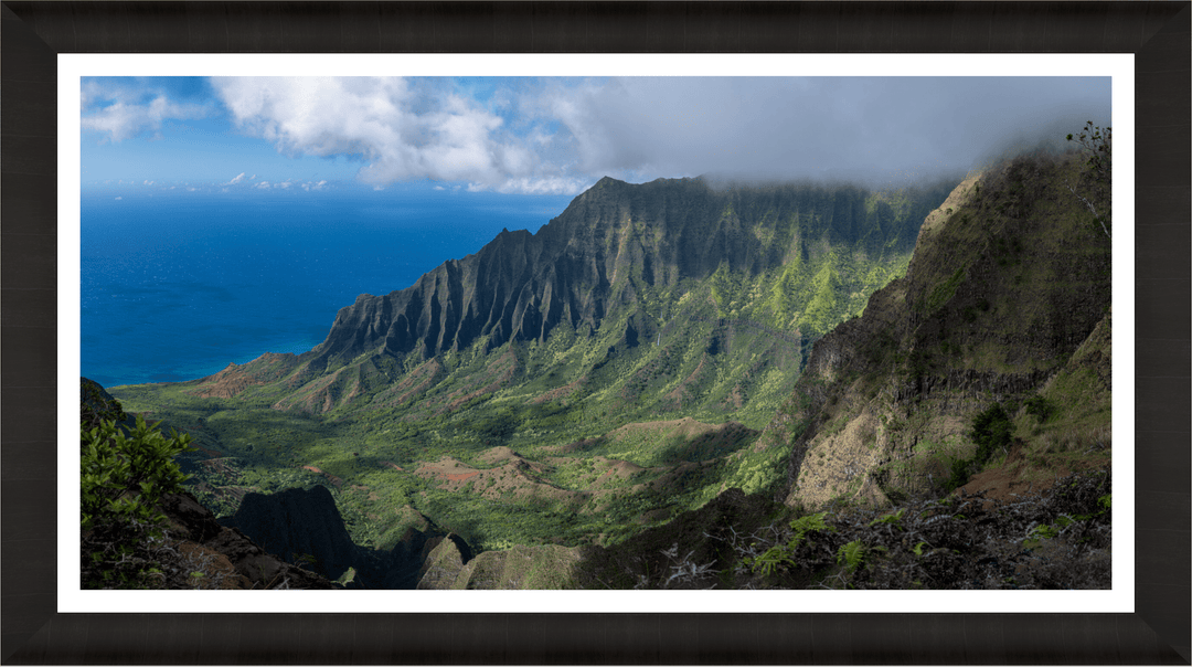 Maui Fine Art Collective Open Edition Acrylic / 40" x 60" / Luxury w/ Border Kalalau's Embrace "Kalalau's Embrace" - Stunning Photography Print of Kalalau Valley Overlook, Ideal for Adventurers and Luxury Art Buyers