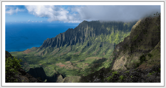 Maui Fine Art Collective Open Edition Acrylic / 40" x 60" / White w/ Border Kalalau's Embrace "Kalalau's Embrace" - Stunning Photography Print of Kalalau Valley Overlook, Ideal for Adventurers and Luxury Art Buyers