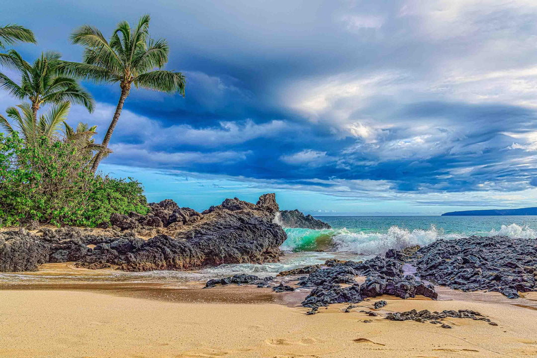 Maui Secrets - Maui Fine Art Collective - 3500-5500, 800-3500, beach, Best Wall Artwork, black, blue, clouds, green, Hawaii, horizontal, Island, Lance Ehrecke, makena, maui, Maui Hawaii Fine Art Photography, Maui Hawaii Wall Art, ocean, open-edition, over-5500, Pal, Palm Trees, palm-tree, rocks, sand, size-16x-24, size-24-x-36, size-40-x-60, teal, waves, White