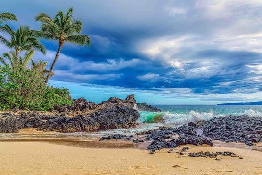 Maui Secrets - Maui Fine Art Collective - 3500-5500, 800-3500, beach, Best Wall Artwork, black, blue, clouds, green, Hawaii, horizontal, Island, Lance Ehrecke, makena, maui, Maui Hawaii Fine Art Photography, Maui Hawaii Wall Art, ocean, open-edition, over-5500, Pal, Palm Trees, palm-tree, rocks, sand, size-16x-24, size-24-x-36, size-40-x-60, teal, waves, White