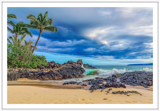 Maui Secrets - Maui Fine Art Collective - 3500-5500, 800-3500, beach, Best Wall Artwork, black, blue, clouds, green, Hawaii, horizontal, Island, Lance Ehrecke, makena, maui, Maui Hawaii Fine Art Photography, Maui Hawaii Wall Art, ocean, open-edition, over-5500, Pal, Palm Trees, palm-tree, rocks, sand, size-16x-24, size-24-x-36, size-40-x-60, teal, waves, White