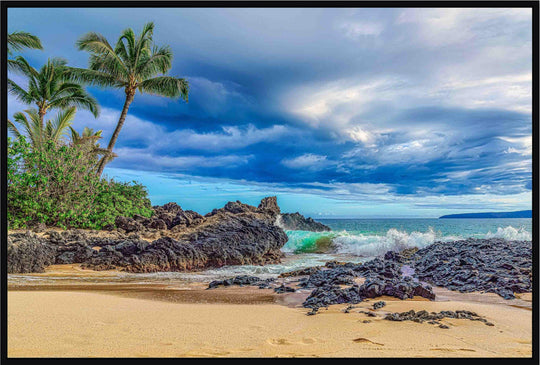 Maui Secrets - Maui Fine Art Collective - 3500-5500, 800-3500, beach, Best Wall Artwork, black, blue, clouds, green, Hawaii, horizontal, Island, Lance Ehrecke, makena, maui, Maui Hawaii Fine Art Photography, Maui Hawaii Wall Art, ocean, open-edition, over-5500, Pal, Palm Trees, palm-tree, rocks, sand, size-16x-24, size-24-x-36, size-40-x-60, teal, waves, White