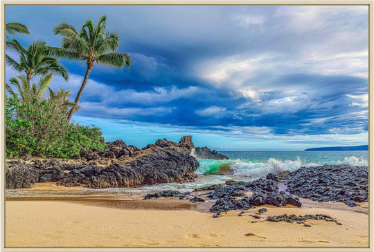 Maui Secrets - Maui Fine Art Collective - 3500-5500, 800-3500, beach, Best Wall Artwork, black, blue, clouds, green, Hawaii, horizontal, Island, Lance Ehrecke, makena, maui, Maui Hawaii Fine Art Photography, Maui Hawaii Wall Art, ocean, open-edition, over-5500, Pal, Palm Trees, palm-tree, rocks, sand, size-16x-24, size-24-x-36, size-40-x-60, teal, waves, White