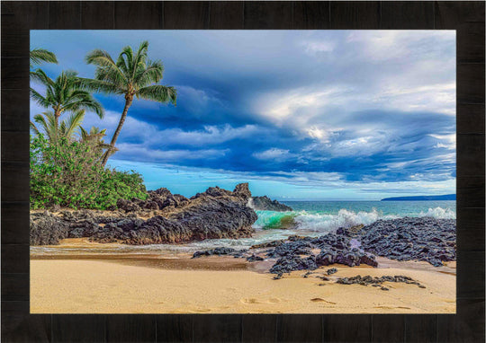 Maui Secrets - Maui Fine Art Collective - 3500-5500, 800-3500, beach, Best Wall Artwork, black, blue, clouds, green, Hawaii, horizontal, Island, Lance Ehrecke, makena, maui, Maui Hawaii Fine Art Photography, Maui Hawaii Wall Art, ocean, open-edition, over-5500, Pal, Palm Trees, palm-tree, rocks, sand, size-16x-24, size-24-x-36, size-40-x-60, teal, waves, White