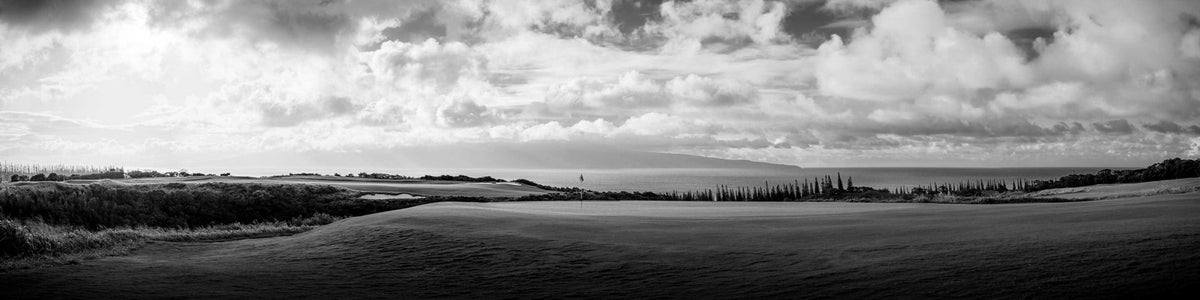Monochromatic Majesty by Lance Ehrecke, black-and-white panorama of Hole 5 at Kapalua's Plantation Course.