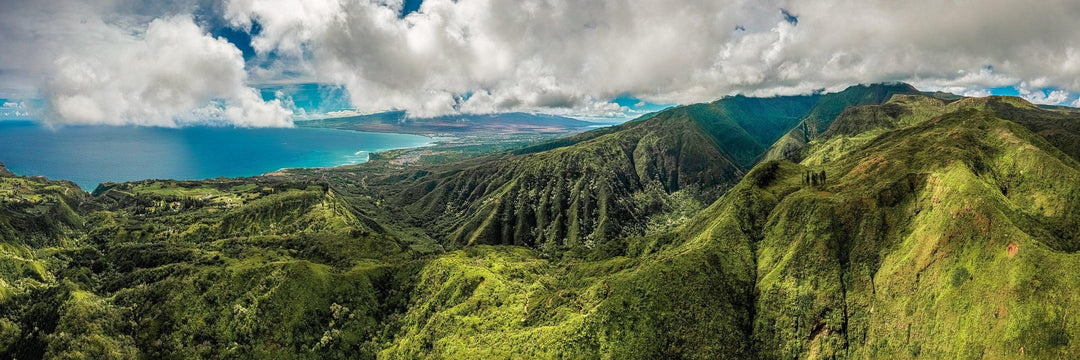 Na Ala Hele - Maui Fine Art Collective - aerial, Best Wall Artwork, blue, clouds, Exclusive, exclusive-edition, green, Hawaii, Island, Lance Ehrecke, maui, Maui Hawaii Fine Art Photography, Maui Hawaii Wall Art, Mountains, ocean, over-5500, size-60-x-100, teal, Waihee, Waterfalls