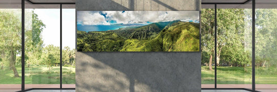 Na Ala Hele - Maui Fine Art Collective - aerial, Best Wall Artwork, blue, clouds, Exclusive, exclusive-edition, green, Hawaii, Island, Lance Ehrecke, maui, Maui Hawaii Fine Art Photography, Maui Hawaii Wall Art, Mountains, ocean, over-5500, size-60-x-100, teal, Waihee, Waterfalls