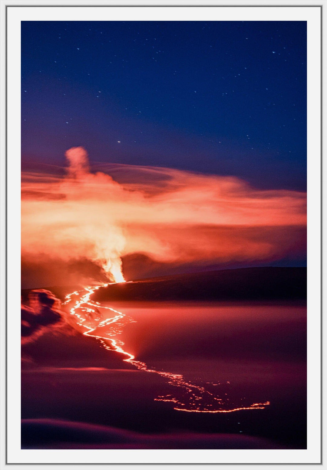 Nocturnal Inferno | Mauna Loa's 2022 Eruption - Maui Fine Art Collective - 3500-5500, 800-3500, Acrylic, Artwork, Best Wall Artwork, Big Island, black, blue, Canvas, clouds, Hawaii, Hawaii Island, Island, Lance Ehrecke, maui, Maui Hawaii Fine Art Photography, Maui Hawaii Wall Art, Mauna Loa, Metal, Mountains, New Moments, open-edition, orange, over-5500, Prints, Purple, size-16-x-24, size-24-x-36, size-40-x-60, Stars, Sunrise, vertical, Visual Artwork, yellow