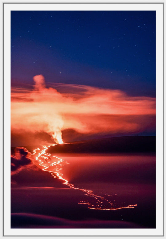 Nocturnal Inferno | Mauna Loa's 2022 Eruption - Maui Fine Art Collective - 3500-5500, 800-3500, Acrylic, Artwork, Best Wall Artwork, Big Island, black, blue, Canvas, clouds, Hawaii, Hawaii Island, Island, Lance Ehrecke, maui, Maui Hawaii Fine Art Photography, Maui Hawaii Wall Art, Mauna Loa, Metal, Mountains, New Moments, open-edition, orange, over-5500, Prints, Purple, size-16-x-24, size-24-x-36, size-40-x-60, Stars, Sunrise, vertical, Visual Artwork, yellow