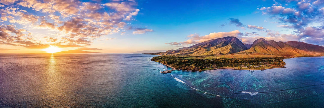 Olowalu Vibes - Maui Fine Art Collective - 3500-5500, 800-3500, aerial, beach, Best Moments, Best Sellers, Best Wall Artwork, black, blue, clouds, Coast, Cove, green, Hawaii, Island, Lance Ehrecke, maui, Maui Hawaii Fine Art Photography, Maui Hawaii Wall Art, ocean, olowalu, open-edition, orange, over-5500, panoramic, Reef, rocks, size-20-x-60, size-30-x-90, Water, waves, yellow