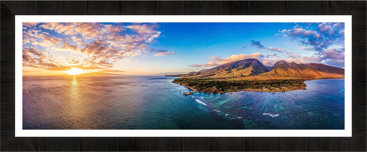 Olowalu Revealed — Gallery frame with white motif border. Aerial panorama of Olowalu Landing, Maui.