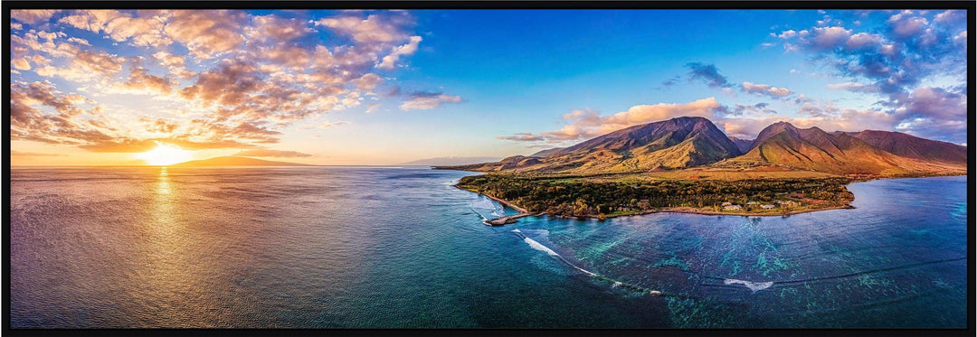 Olowalu Vibes - Maui Fine Art Collective - 3500-5500, 800-3500, aerial, beach, Best Moments, Best Sellers, Best Wall Artwork, black, blue, clouds, Coast, Cove, green, Hawaii, Island, Lance Ehrecke, maui, Maui Hawaii Fine Art Photography, Maui Hawaii Wall Art, ocean, olowalu, open-edition, orange, over-5500, panoramic, Reef, rocks, size-20-x-60, size-30-x-90, Water, waves, yellow